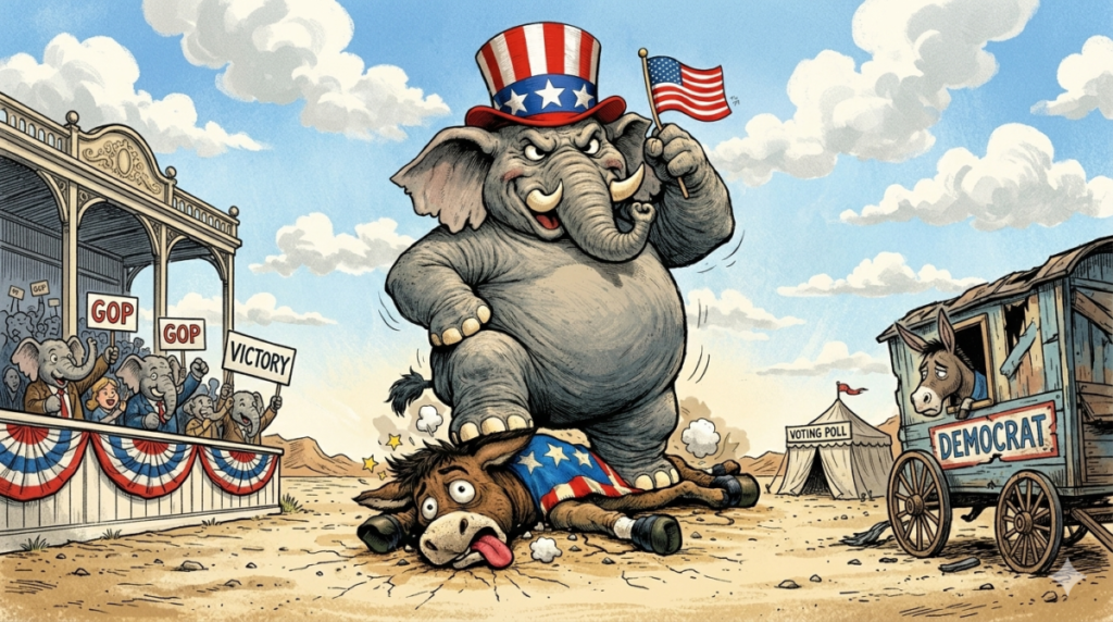 A cartoon of an elephant standing of top of a donkey. Elephant is holding a small American flag and wearing a top hat