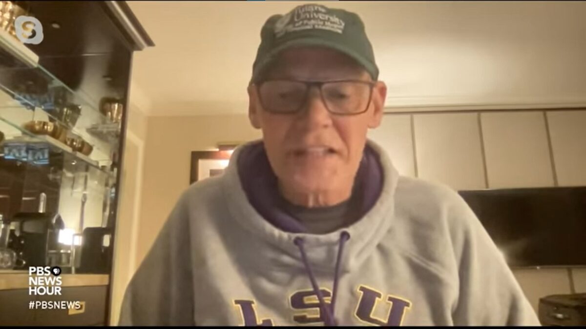 James Carville at his home wearing a hoodie and ball cap