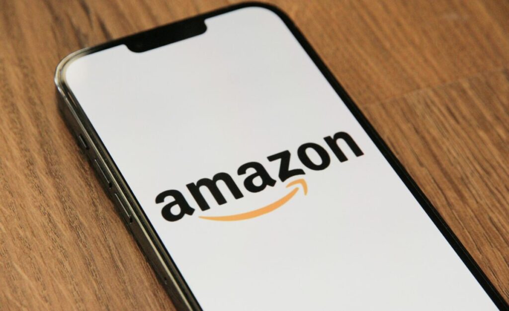 A phone with the Amazon logo on it