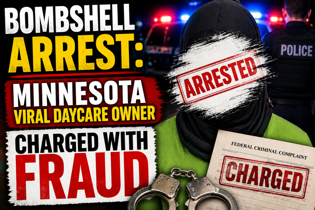 Dramatic news-style thumbnail with bold text reading “BOMBSHELL Arrest: Minnesota Viral Daycare Owner Charged with Fraud.” A hooded woman’s face is completely obscured by a white paint-stroke graphic stamped with the word “ARRESTED” in red. Police lights flash in the background beside an officer, while handcuffs and a federal criminal complaint stamped “CHARGED” appear at the bottom of the image.