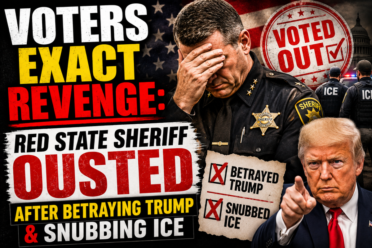 Dramatic political news-style thumbnail showing a distressed sheriff covering his face while large bold text reads “VOTERS EXACT REVENGE: Red State Sheriff Ousted After Betraying Trump & Snubbing ICE.” Donald Trump points toward the viewer in the foreground, while ICE agents stand near flashing police lights in the background. A large red “VOTED OUT” stamp and a checklist labeled “Betrayed Trump” and “Snubbed ICE” emphasize the sensational tone.