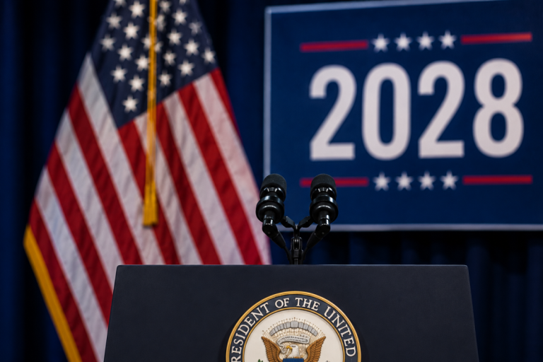 Podium with 2028 sign behind it