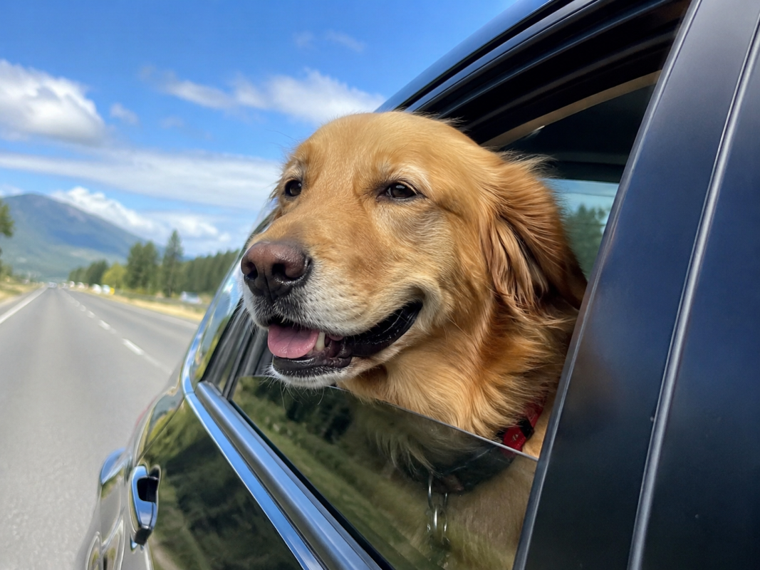Dog with head out the window