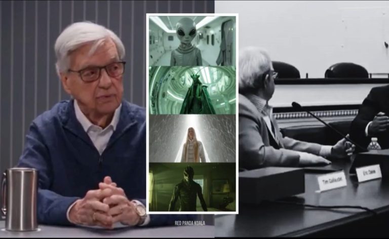 Man sitting with image overlay of four alien species