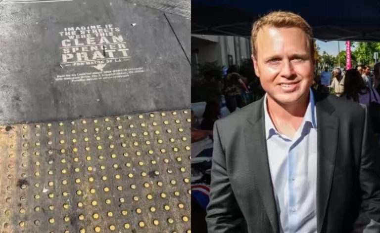 Split image of a dirty street and Spencer Pratt