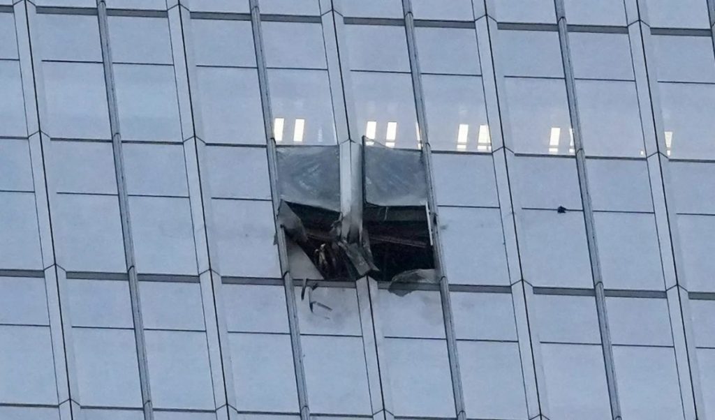 Broken windows on skyscraper
