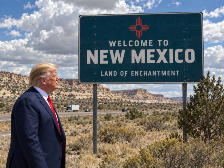 President Trump standing by a sign