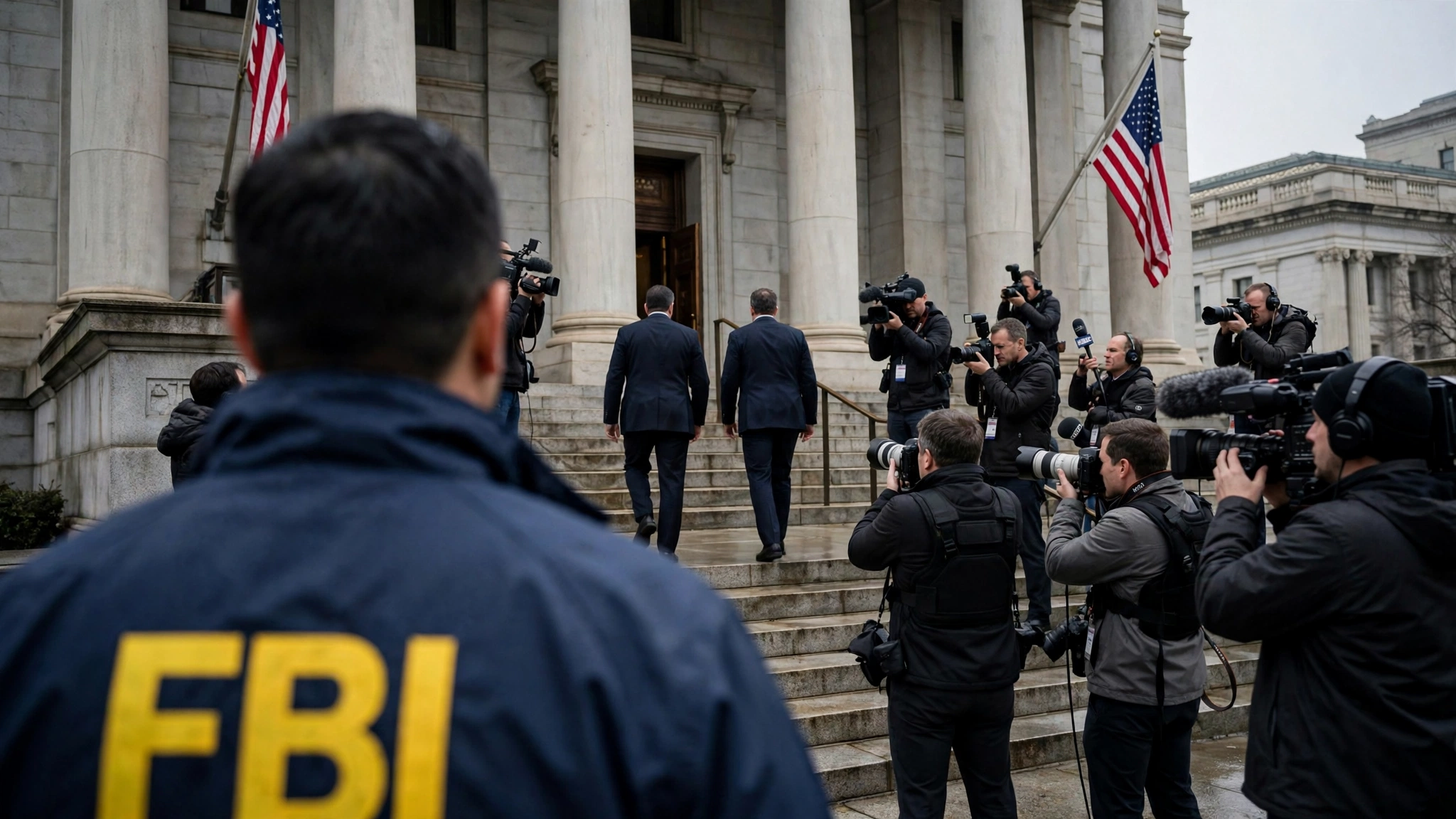 FBI agent watches as two officials walk up federal courthouse steps surrounded by press photographers